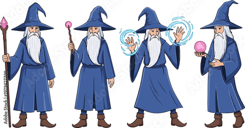 Wizard Character Set with Magical Staff, Spells, and Sorcery for Fantasy, Magic, and Adventure Illustration Designs
