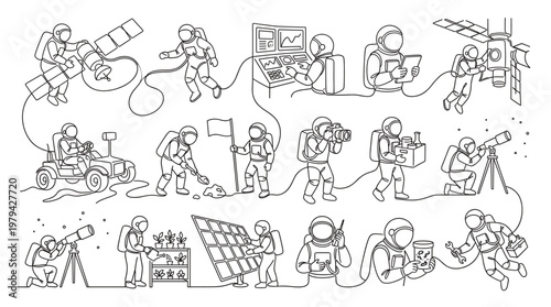 Hand drawn outline astronaut activity set with doodle sketch style. Space mission scenes including spacewalk, satellite, lunar rover, solar panel, telescope and station work.