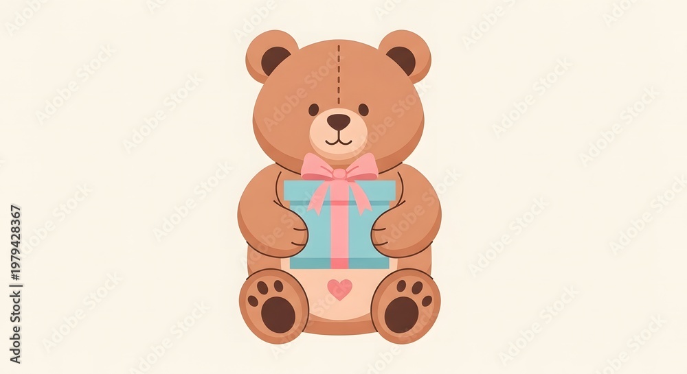 Obraz premium Adorable Teddy Bear Holding a Gift Box Illustration, Cute Brown Bear Character with Present for Birthday and Baby Shower, Kawaii Plush Toy with Pink Ribbon and Heart.