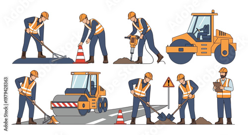 Vector Illustration of Road Construction Workers and Heavy Machinery in Flat Design Style Featuring Steamrollers, Jackhammers, Shovels, and Safety Personnel