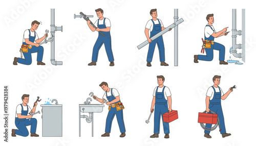 Professional Plumber Character Set with Handyman Fixing Leaking Pipes, Repairing Sink, Carrying Toolbox and Using Wrench Tools in Flat Cartoon Illustration Style