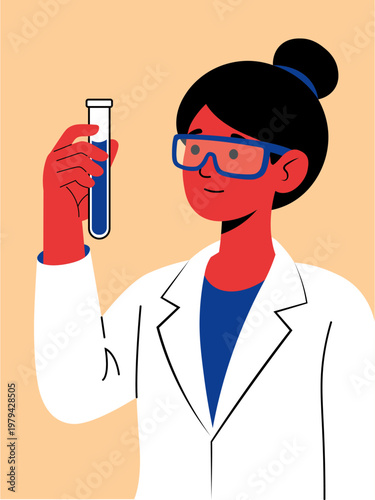 Vector illustration of a female scientist character holding a test tube