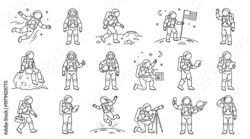 Hand drawn outline astronaut character set with doodle style. Black and white space explorer collection featuring moon walk, flag planting, and lunar surface activities.
