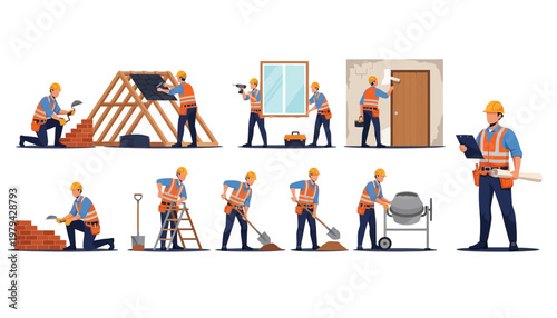Construction Worker Team Vector Illustration Set Featuring Builders Roofing Bricklaying Digging and Site Management Characters for Industry and Housing Projects