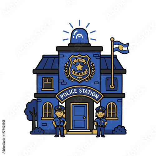 Police officers standing in front station.