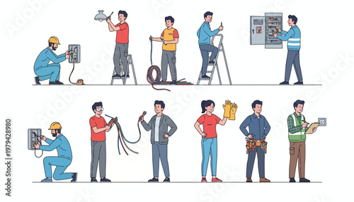 Professional Electrician Characters Set with Workers Installing Light Fixtures Repairing Electrical Panels Using Tools and Safety Equipment Vector Illustration