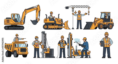 Construction Site Equipment and Workers Vector Illustration Set featuring Excavator, Bulldozer, Dump Truck, Welder, and Foreman in Flat Design Style Graphics.