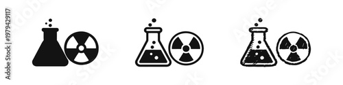 Science Lab Equipment Beaker with Radiation Warning Icon Set for Radioactive Liquid Testing