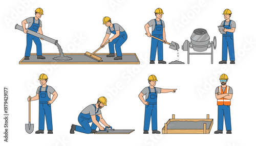 Professional Construction Workers Vector Illustration Set Featuring Concrete Pouring, Mixing, Leveling, and Site Management for Building Industry Projects.