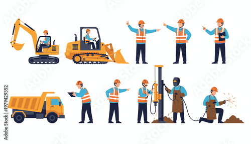 Construction Site Workers and Heavy Machinery Vector Illustration Set Featuring Excavator, Bulldozer, Dump Truck, Welders, and Engineers for Industrial Projects