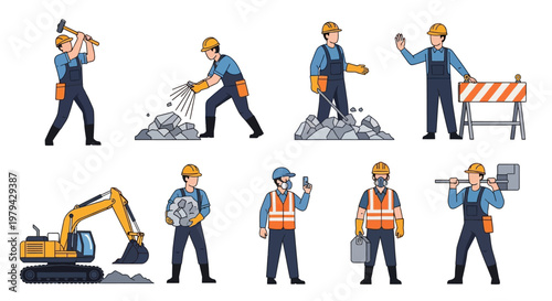 Professional construction worker vector set featuring characters in safety gear, operating heavy machinery like excavators, and performing various manual labor.