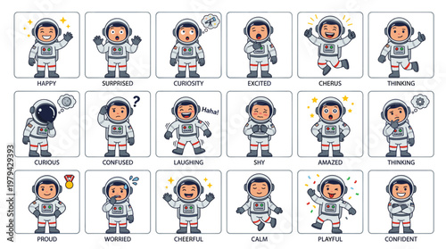 Cute cartoon astronaut character set showing various emotions and poses. Kawaii space explorer with labeled feelings including proud, calm, playful and more. Great for kids and education design.
