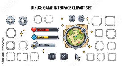 A collection of game UI and UX elements including frames health and mana bars a map buttons and a mouse cursor on a white background
