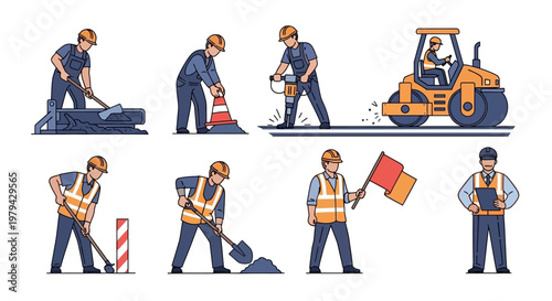 Flat Vector Illustration Set of Construction Workers and Road Maintenance Crew Characters Performing Manual Labor Shoveling Using Jackhammer and Steamroller.