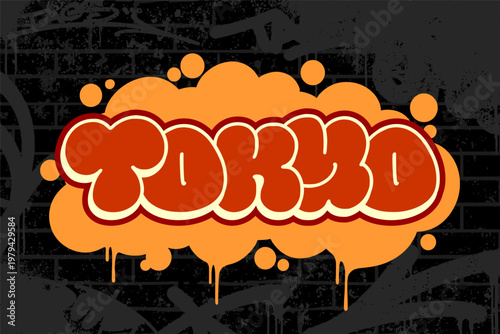 Tokyo Japan Graffiti Throw Up Bubble Lettering with Drip Effect Isolated on Black Background for Urban Street Art Design