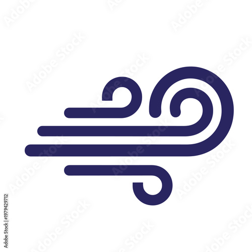 Navy blue wind symbol, stylized swirling gusts on white background, weather