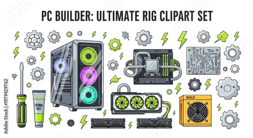A collection of stylized computer hardware components and building tools arranged as clipart