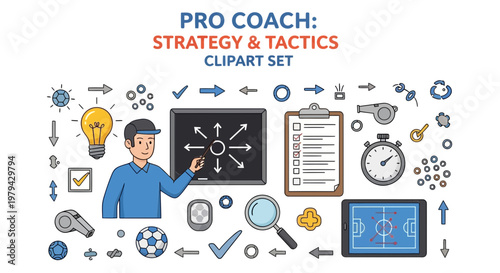 A collection of vector icons illustrating soccer coaching equipment including a coach with a chalkboard whistle and tactics board