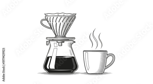 Black and white coffee pour over illustration with mug