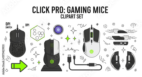 A digital clipart collection featuring various gaming mice cables and decorative vector icons on a white background