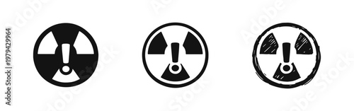 Nuclear Hazard Alert Icons Set, Radioactive Warning Symbol, Exclamation Mark Sign, Vector Illustration