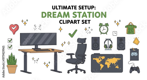 A digital collection of office desk accessories and furniture elements including a monitor desk chair speakers and gaming gear