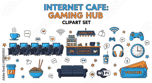 A graphic clipart set illustrating a gaming cafe with computers a reception desk furniture snacks drinks and technology icons