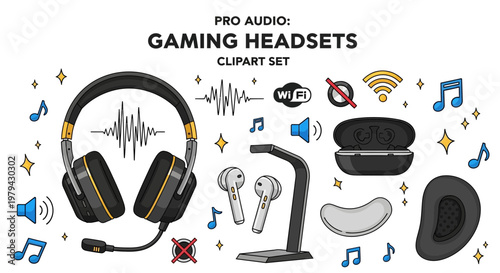 A graphic set featuring illustrated gaming headsets earbuds charging case stand and audiorelated icons on a white background