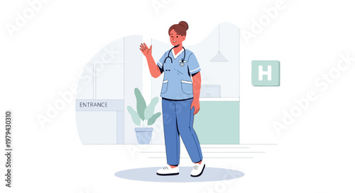 Female healthcare professional in scrubs holding a clipboard and standing in a modern medical facility with a welcoming