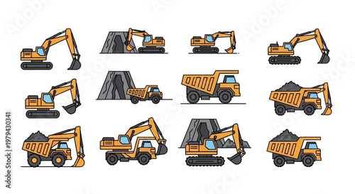Collection of heavy construction equipment vehicles.
