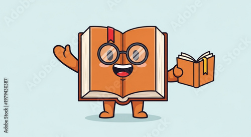 Smiling cartoon book character with glasses holding two books in light blue background