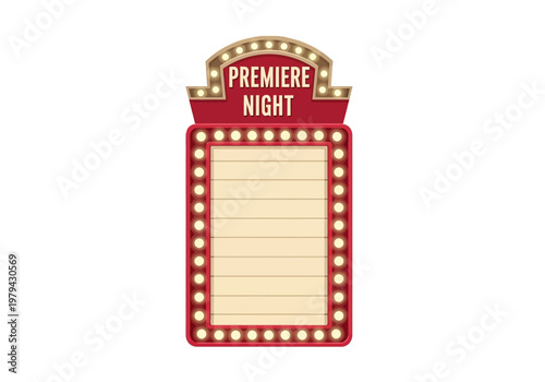 Retro marquee sign with text 'Premiere Night' illuminated by incandescent bulbs, advertising an event