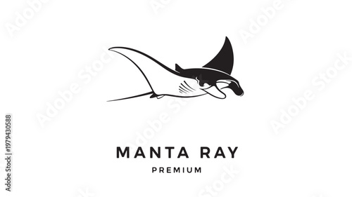 Shark manta ray logo icon with black curved fins and vector style for ocean adventure branding featuring marine animal, sea creature, underwater with