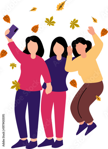 Playful Autumn People Taking A Selfie With Autumn Leaves