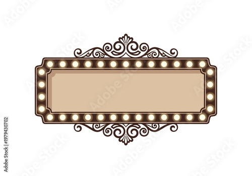 Retro illuminated marquee sign with decorative scrolling details and empty space for text