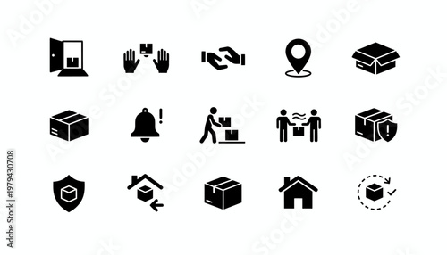 Black icons of various business and communication concepts.