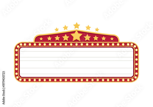 Retro marquee with blank message board and illuminated stars, classic theater or cinema entrance sign