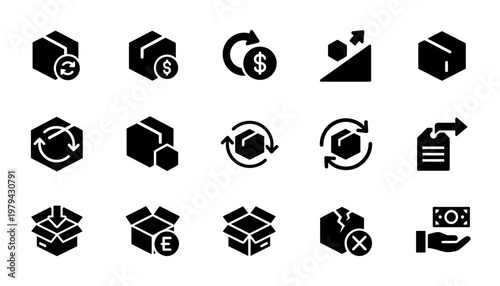 Black icons of business and finance symbols.