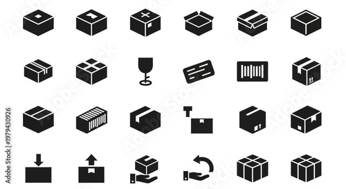 Collection of black and white shipping icons.
