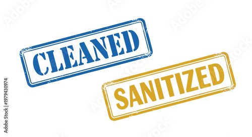 Close-up of two rectangular stamps with the words cleaned and sanitized in blue and orange ink for hygiene and health