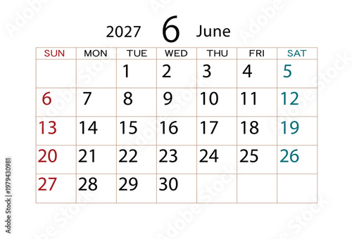 2027年カレンダー6月 ⑵