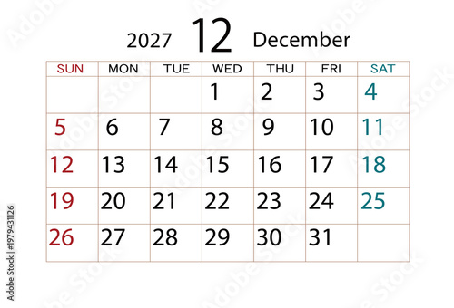 2027年カレンダー12月 ⑵