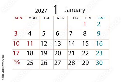 2027年カレンダー1月 ⑵