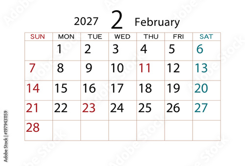 2027年カレンダー2月 ⑵