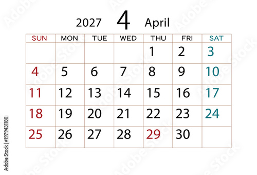 2027年カレンダー4月 ⑵