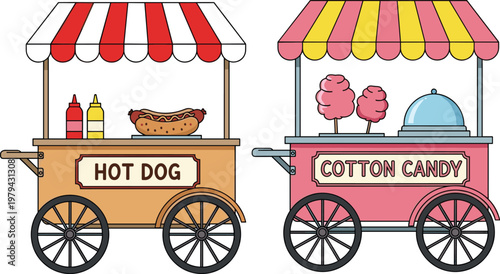 Colorful hot dog and cotton candy street food carts, fairground snack stands, carnival vendor illustration for festival, outdoor event, fast food, and sweet treat designColorful 
