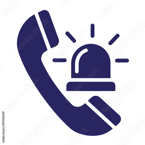 Dark blue silhouette of a telephone handset combined with a flashing emergency siren light symbol representing urgent communication or emergency dispatch services