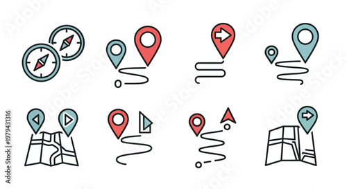 Collection of navigation map icons.