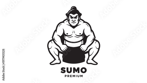 Sumo mascot premium logo with muscular wrestler posing front view for brand identity and sports apparel design