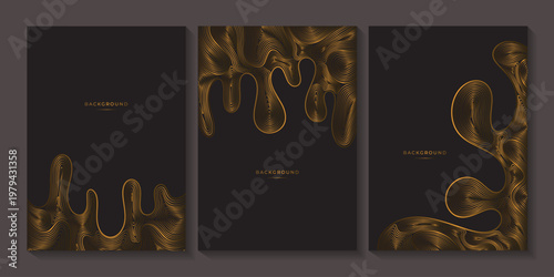 Set of golden templates. Luxury vertical banner with wave pattern. Flowing, volumetric liquid texture. Bronze curves. Abstract geometric dynamical rippled surface. Black background with gold lines